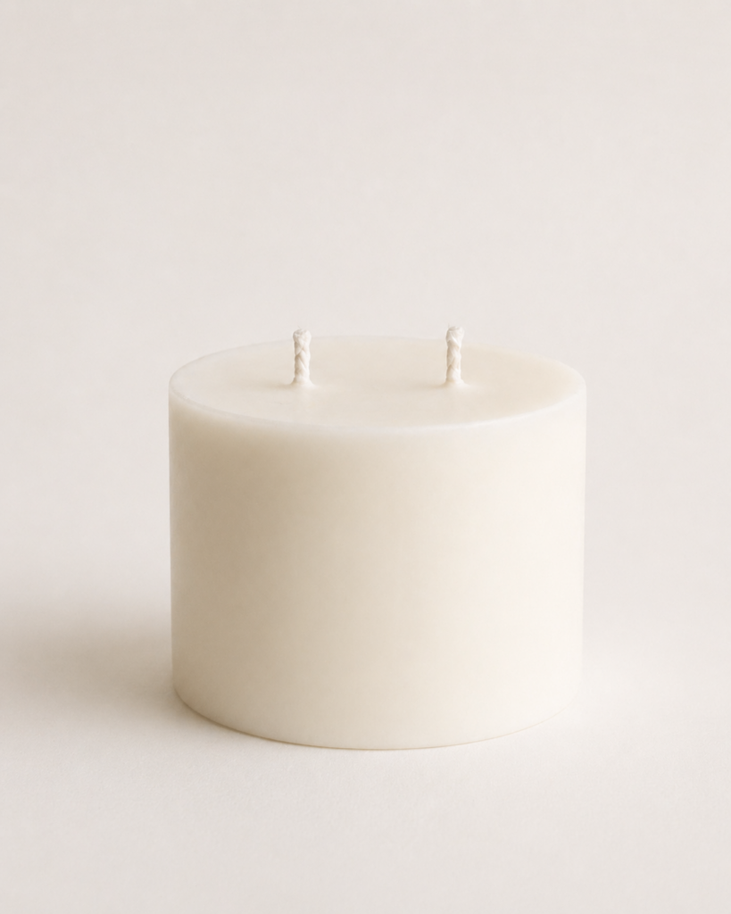 Cream double-wick UYINU candle refill on a soft neutral background