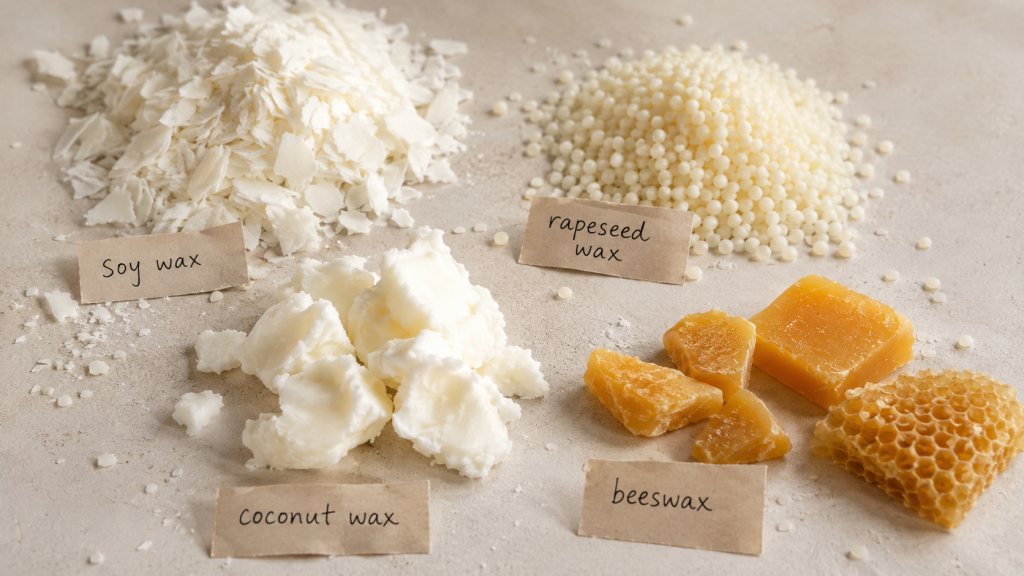 Soy, coconut, rapeseed and beeswax samples arranged on a table with handwritten labels