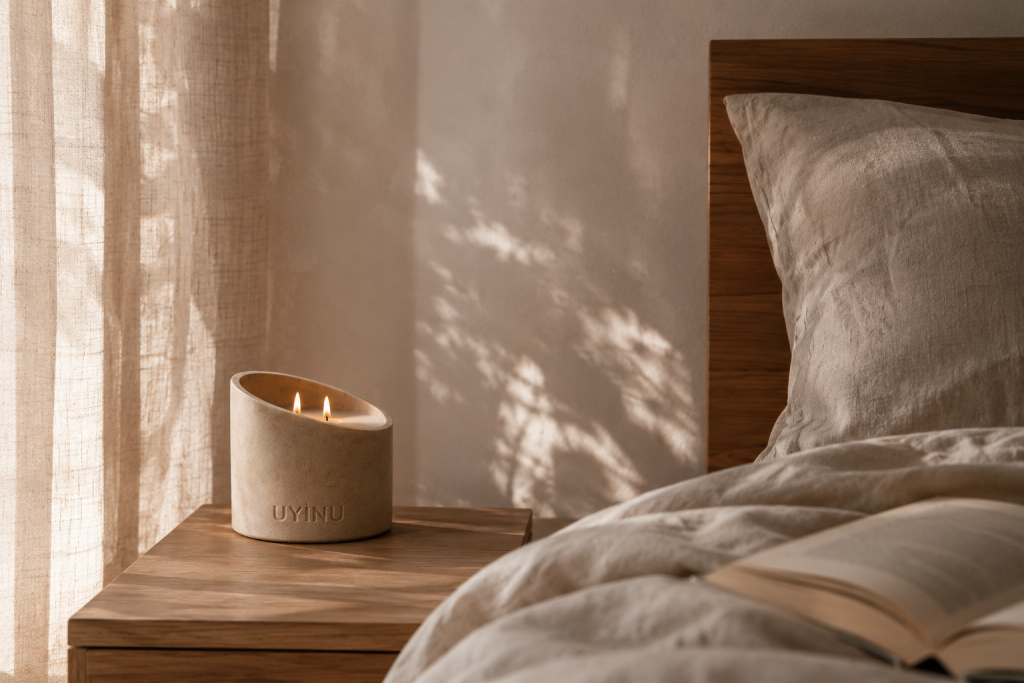Lit UYINU candle on a bedside table creating a soft evening glow